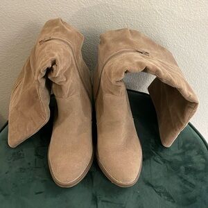 Tan suede knee high heeled boots